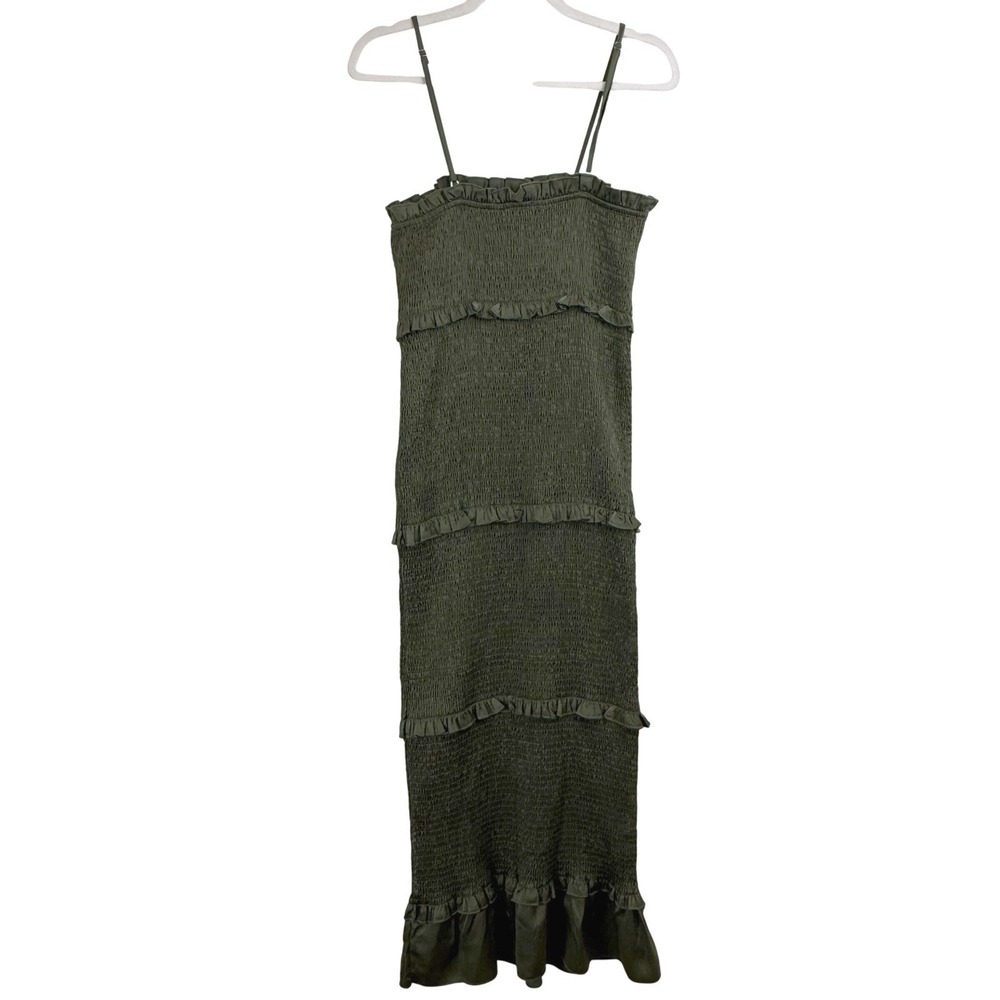 Mable ESME Green SATEEN Smocked Tiered Ruffle MIDI Dress Spaghetti Strap WOMEN M - Picture 7 of 10